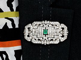 Wearing Image for Diamond and Emerald Brooch in Platinum