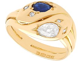 Victorian 0.63 ct Sapphire and 0.77 ct Diamond Snake Ring in 18 ct Yellow Gold