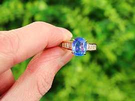 Vintage Unheated Blue Sapphire Ring with Diamonds In Natural Light