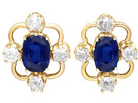 Antique 1.90ct Blue Sapphire and 0.50ct Diamond Earrings in 15ct Yellow Gold