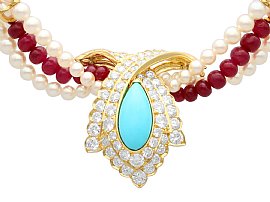 Vintage Pearl and 23ct Ruby Strand, 4.20 ct Turquoise and 3.38ct Diamond Clasp, 18 ct Yellow Gold Necklace - Vintage Circa 1990