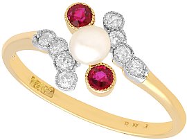 Edwardian Pearl, Ruby and Diamond Twist Ring in Yellow Gold