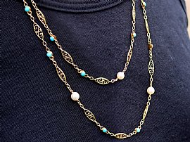 Vintage Gold Pearl and Turquoise Necklace Wearing 