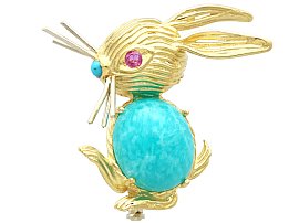 Vintage 8.25ct Dyed Quartz, Turquoise and Ruby Rabbit Brooch in 18ct Yellow Gold