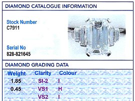 1.85 Carat Emerald Cut Diamond Ring Grading Card
