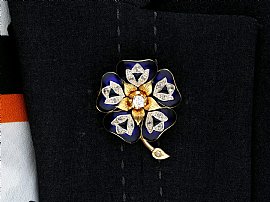 Edwardian Enamel Brooch with Diamonds Wearing 