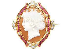 Antique Shell Ruby and Diamond Cameo Brooch in 18ct Yellow Gold