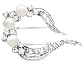 Vintage Cultured Pearl and 1.15 ct Diamond Brooch in 18ct White Gold