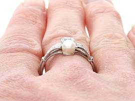 Single Pearl and Diamond Ring for Sale Wearing 