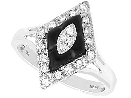 Vintage 1.1ct Black Onyx and 0.24ct Diamond, 18ct White Gold Marquise Ring