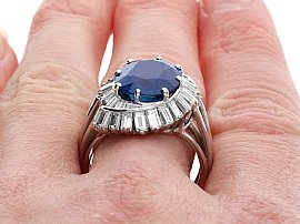 Vintage Sapphire Ring with Baguette Diamonds Wearing 