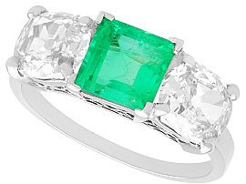 Antique 1.11ct Colombian Emerald and 1.33ct Diamond Trilogy Ring in Platinum