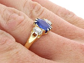 Ceylon Sapphire Trilogy Ring for Sale Wearing