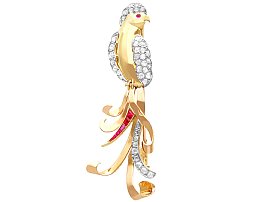 Vintage 1.16ct Diamond and Ruby Bird Brooch in 18ct Yellow Gold
