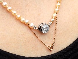 Vintage Pearl Necklace with Diamond Clasp Wearing