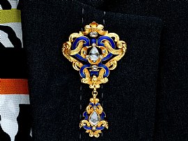 Victorian Enamel Brooch with Diamonds Wearing 
