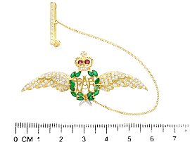 Gold RAF Wings Brooch with Emeralds for Sale Size