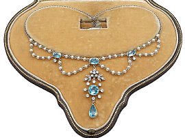 Antique 4.73 ct Aquamarine and 0.54 ct Diamond, Seed Pearl Necklace
