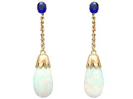 Antique 10.50 ct Opal and 0.98 ct Sapphire, 9 ct Yellow Gold Drop Earrings