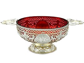 Sterling Silver Gilt and Cranberry Glass Dish - Antique Victorian; C8038