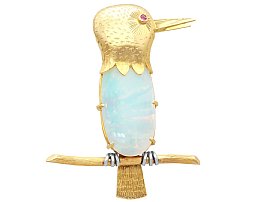 Vintage 7.39 ct Opal, Ruby and 18ct Yellow Gold Bird Brooch
