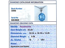 Diamond Necklace with Aquamarine Pendant Grading Card