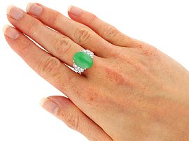 Art Deco Jade Ring with Diamonds Wearing 