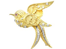 Antique Diamond and Ruby, 18ct Yellow Gold Bird Brooch
