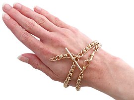 Edwardian t bar watch chain in yellow gold for sale wearing