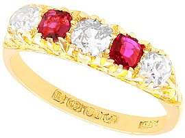 0.45ct Ruby and 0.60ct Diamond, 18 ct Yellow Gold Five Stone Ring - Antique Circa 1915