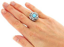 White Gold Diamond and Turquoise Ring for Sale Wearing 
