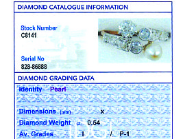 1920s Single Pearl Ring with Diamonds for Sale Grading Report