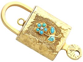 Antique Gold, Turquoise and Pearl Padlock in 9ct Yellow Gold