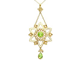 Antique 1.78ct Peridot, Pearl Pendant in 15ct Yellow Gold 
