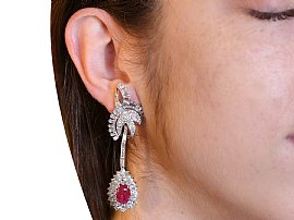 Ruby and Diamond Drop Earrings in Platinum Wearing