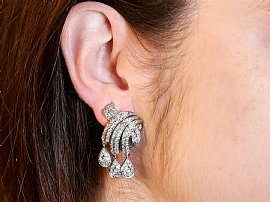 Platinum Diamond Drop Earrings for Sale Wearing