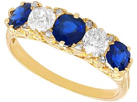 Edwardian 1.30ct Sapphire and 1.08ct Diamond, 18ct Yellow Gold Five Stone Ring