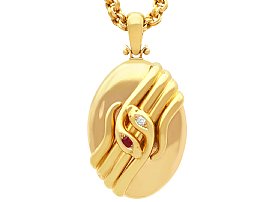 Antique 0.30ct Ruby and 0.13ct Diamond, 18ct Yellow Gold Snake Locket Pendant