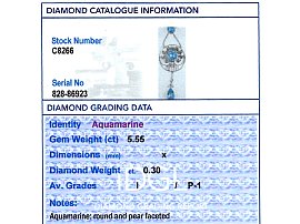 Aquamarine and Diamond Necklace UK Grading Card