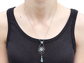 Aquamarine and Diamond Necklace UK being worn