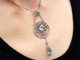 Aquamarine and Diamond Necklace UK on the neck