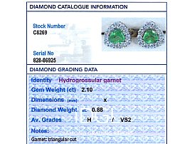 Green Garnet Earrings with Diamonds Grading Card