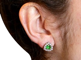 Green Garnet Earrings with Diamonds Wearing