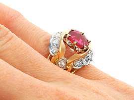 Oval Cut Ruby Ring with Diamonds Wearing