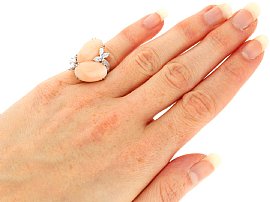 Two Stone Coral Ring with Diamonds Wearing