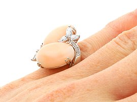 Two Stone Coral Ring with Diamonds Wearing