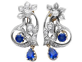 1.56ct Sapphire and 1.20ct Diamond, 9ct Yellow Gold Earrings - Antique Circa 1900
