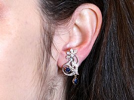 Floral Sapphire Earrings with Diamonds Wearing