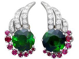 Vintage 10.20ct Green Tourmaline, Ruby and 1.84ct Diamond Earrings in 18ct White Gold