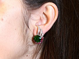 Wearing Image for Green Tourmaline Earrings with Rubies